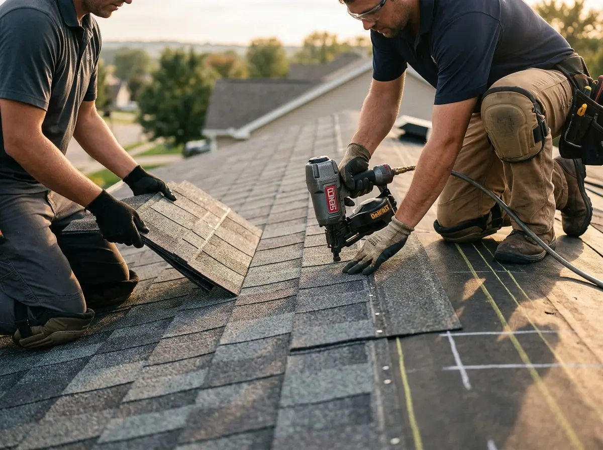 Professional roofer working on a residential roof in Mount Morris